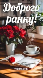 Чашка кави й червоні троянди як привітання з добрим ранком і хорошим настроєм.