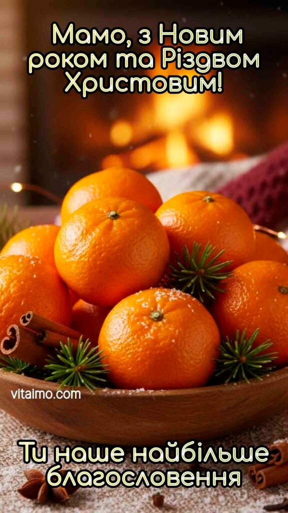 Привітання з Новим Роком 2026 6 Новорічна листівка з мандаринами біля каміна та написом "Мамо, з Новим роком та Різдвом Христовим! Ти наше найбільше благословення"