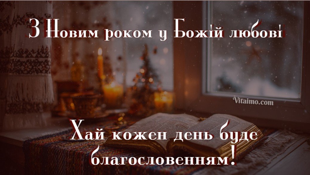 Новорічна християнська листівка з відкритою книгою, свічками та зимовим вікном як символом Божого світла й благословень на рік.