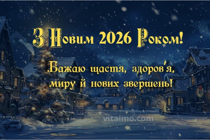 Листівка з написом "З Новим 2026 Роком!" на фоні зимового міста з ялинкою