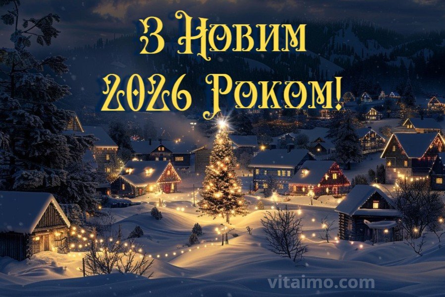 Листівка з написом "З Новим 2026 Роком!" на фоні зимового села та ялинки