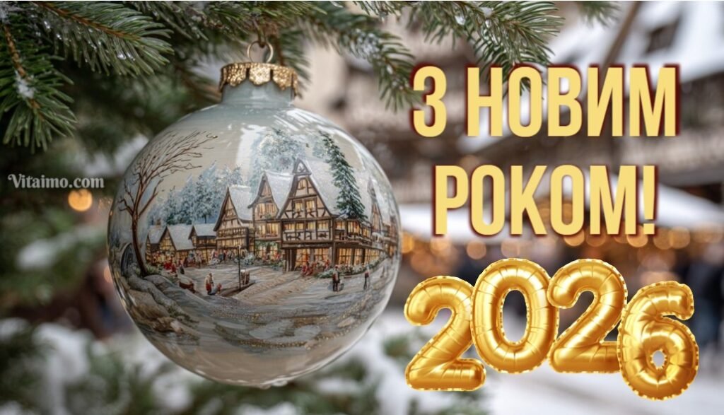 Новорічна іграшка на ялинці з написом «З Новим Роком 2026» у зимовій атмосфері