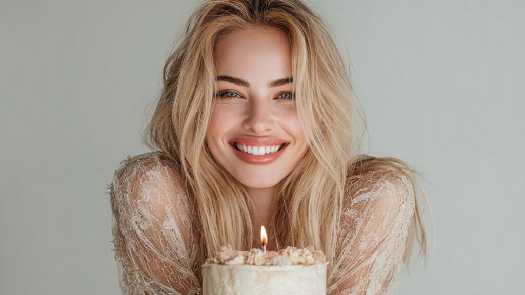 Усміхнена молода жінка з тортом і свічкою у День народження — святкове фото невістки