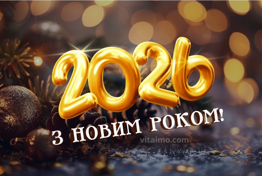 Золоті кулі з цифрами 2026 і написом "З Новим роком!" на святковому фоні — обкладинка для новорічної статті