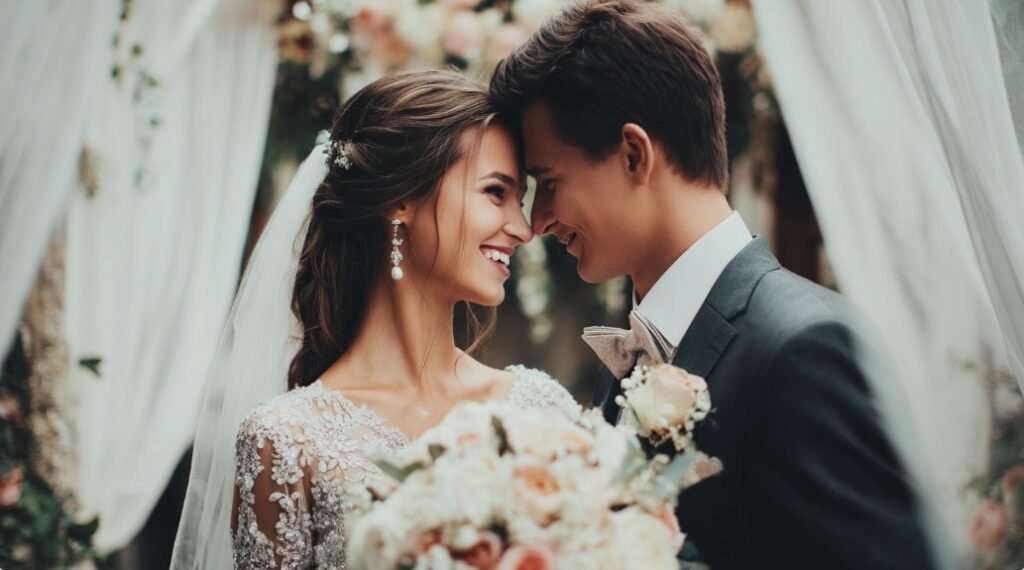 Наречена й наречений посміхаються — щирі привітання з весіллям