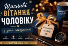 Щасливі вітання чоловіку з днем народження з подарунком у стильній святковій атмосфері