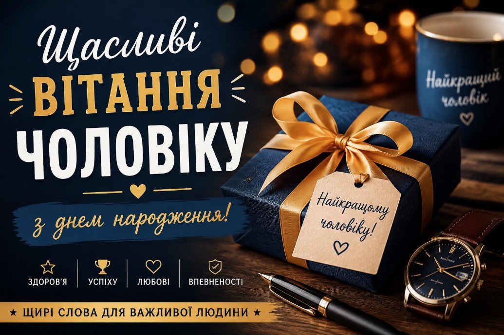 Щасливі вітання чоловіку з днем народження з подарунком у стильній святковій атмосфері