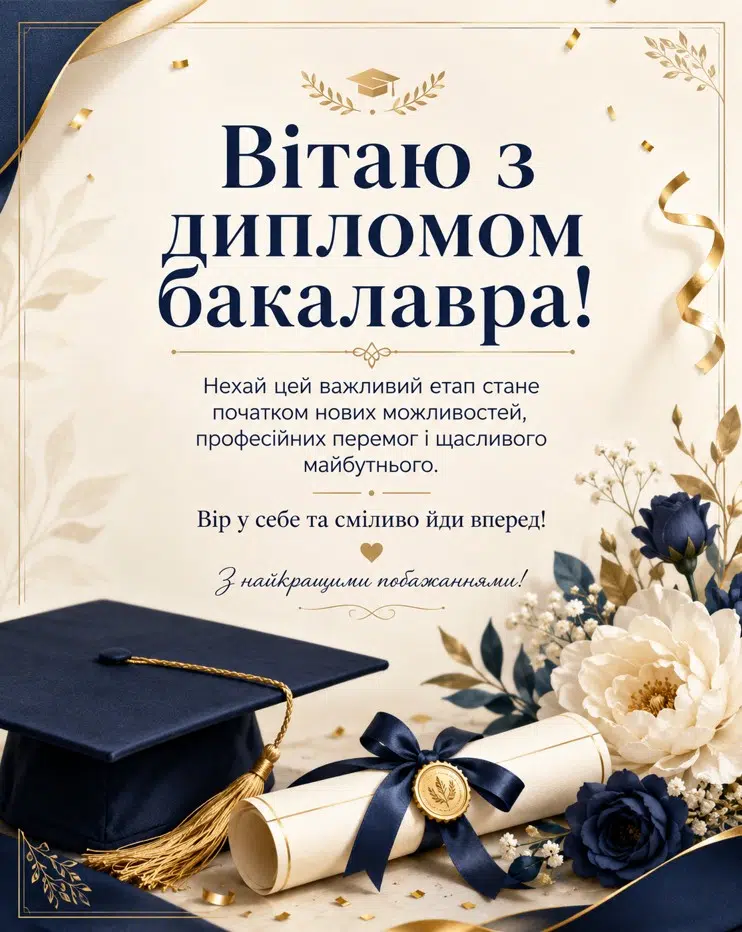 Стильна листівка з привітанням бакалавру з дипломом, випускною шапкою та квітами