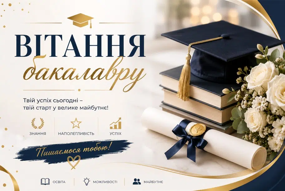 Обкладинка до статті про вітання бакалавру з дипломом, випускною шапкою, книгами та квітами