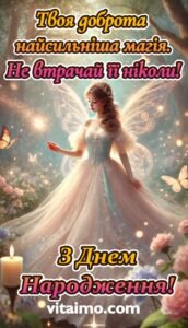 Казкова дівчина у сяючому лісі як символ доброти й побажання щасливого дня народження.