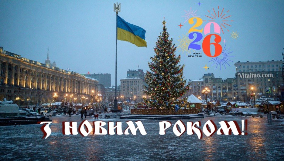 Новорічна ялинка 2026 на Майдані Незалежності в Києві з прапором України — святкове фото з написом "З Новим Роком!"