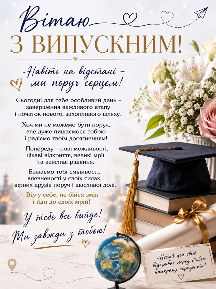 Листівка з привітанням випускникам на відстані з квітами, дипломом і випускною шапкою