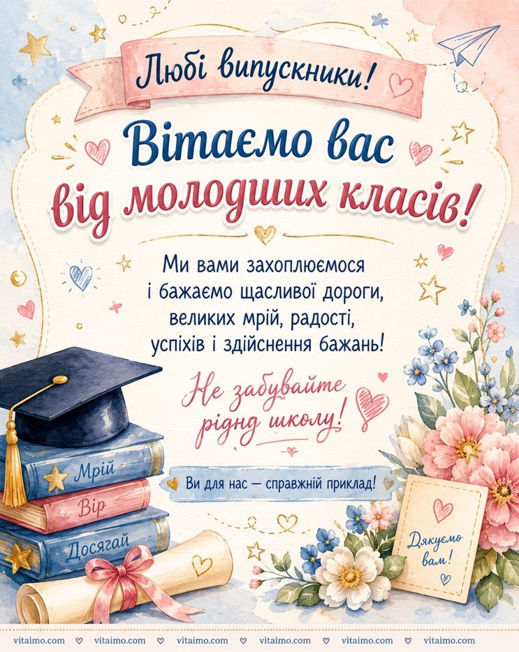 Мила листівка з привітанням випускникам від молодших класів із квітами, книжками, дипломом і випускною шапкою