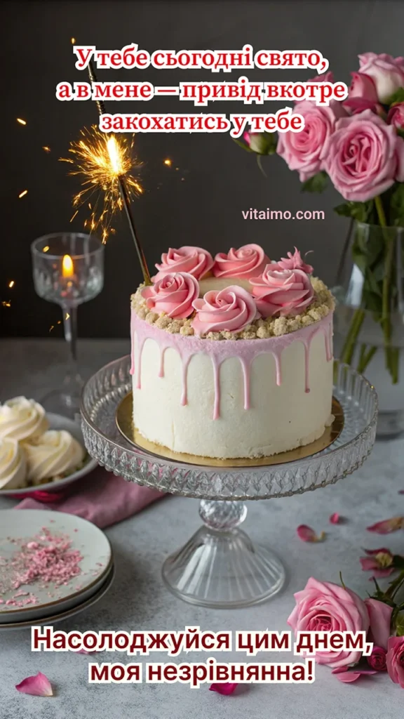 Святковий біло‑рожевий торт із кремовими трояндами, бенгальським вогнем і рожевими трояндами на столі та написом «У тебе сьогодні свято… Насолоджуйся цим днем, моя незрівнянна!».