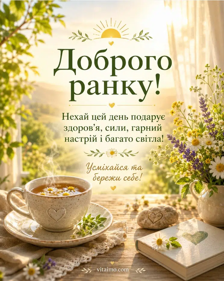 Позитивна листівка з побажанням доброго ранку, здоров’я і гарного настрою