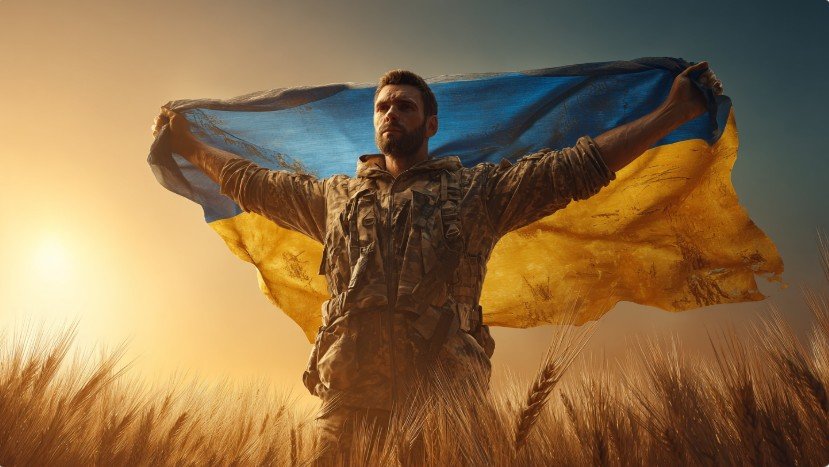 Український військовий тримає прапор України над головою, стоячи у пшеничному полі на заході сонця.