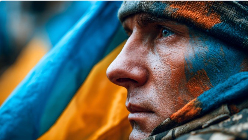 Український військовий крупним планом з бойовим розфарбуванням на обличчі, символ мужності та захисту України.