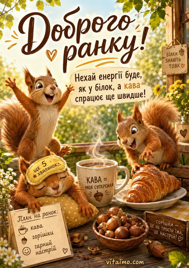 Прикольна листівка доброго ранку українською з веселими білками, кавою, горішками та круасаном
