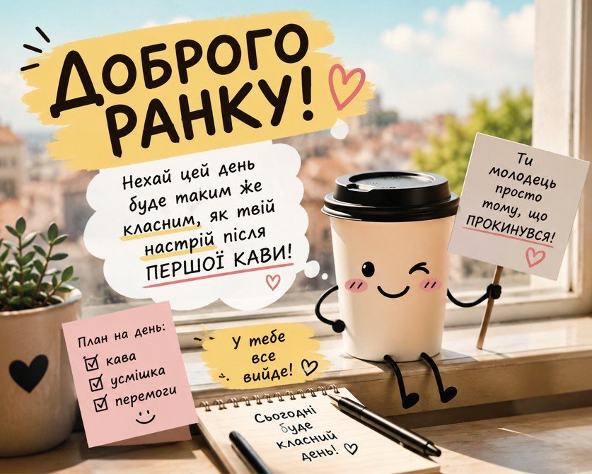 Прикольна листівка доброго ранку українською з усміхненим стаканчиком кави та мотиваційними написами