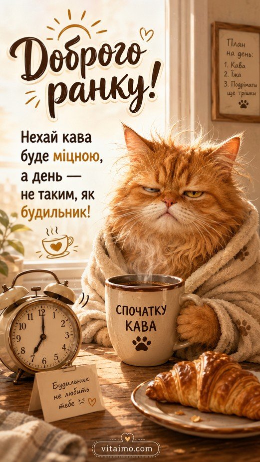 Прикольна листівка доброго ранку з рудим котом, кавою, круасаном і будильником