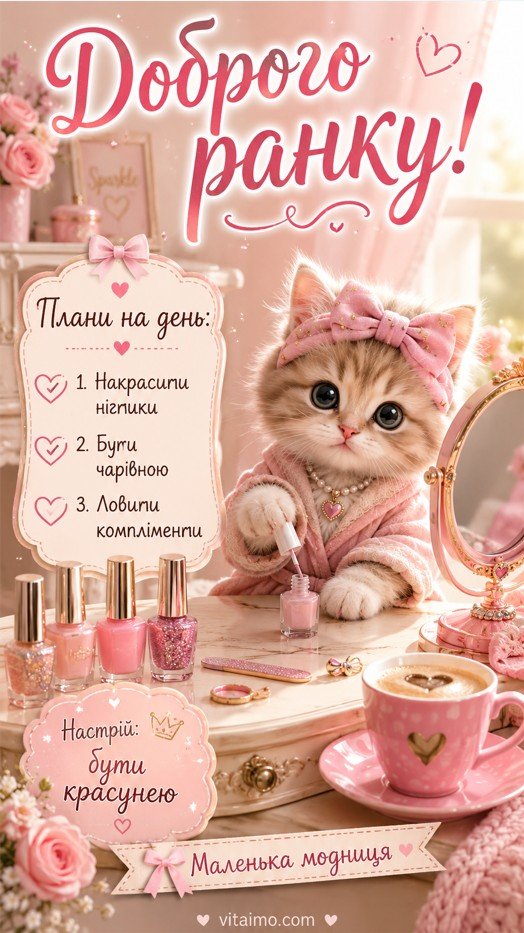 Прикольна листівка доброго ранку українською з маленькою кицею-модницею, лаком для нігтів і кавою
