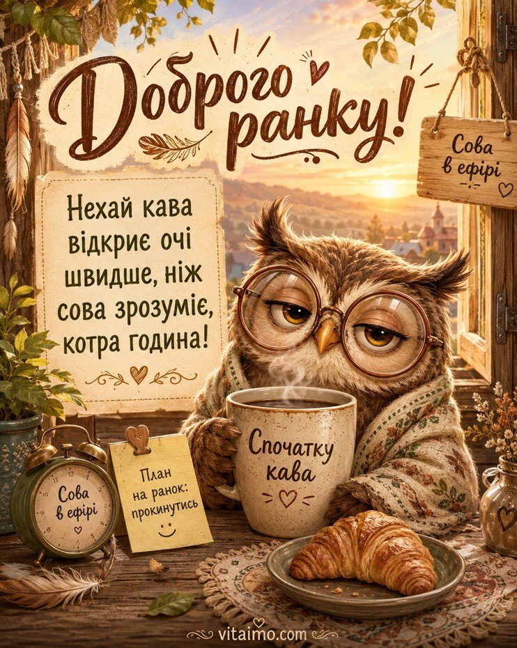 Прикольна листівка доброго ранку українською з кумедною совою, кавою та круасаном