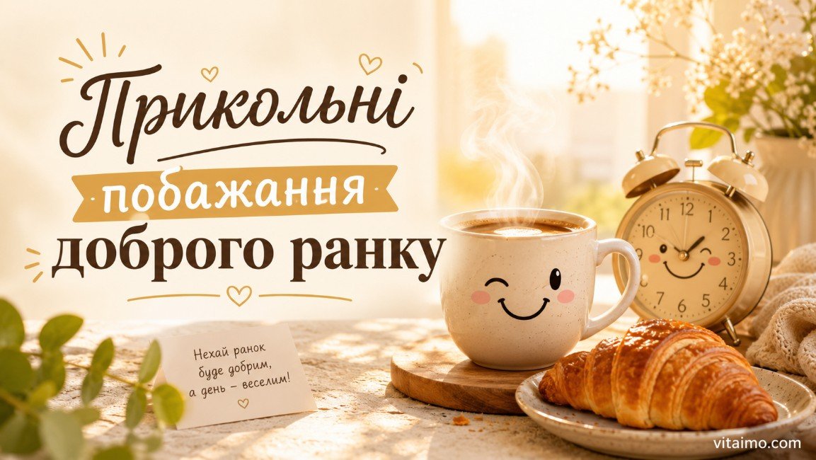 Прикольні побажання доброго ранку українською з кавою, круасаном і веселим будильником