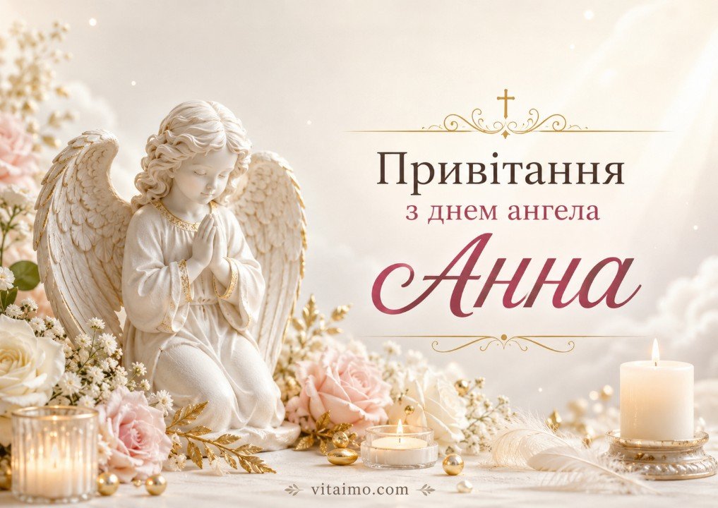 Привітання з днем ангела Анна українською мовою з ангелом квітами свічками світлим настроєм і побажаннями Божої опіки