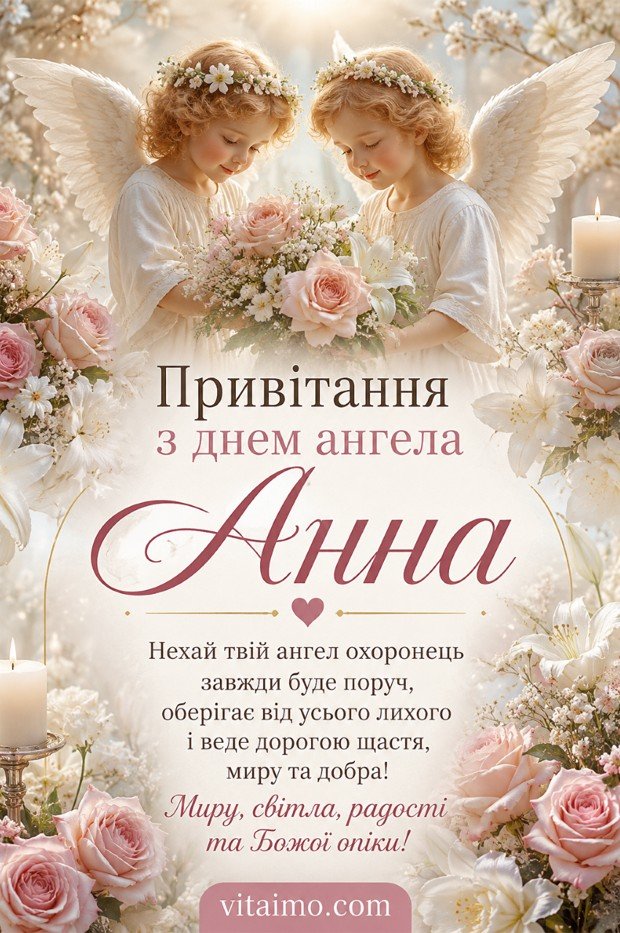 Привітання з днем ангела Анна українською мовою з ангелами квітами свічками та побажаннями миру світла радості й Божої опіки