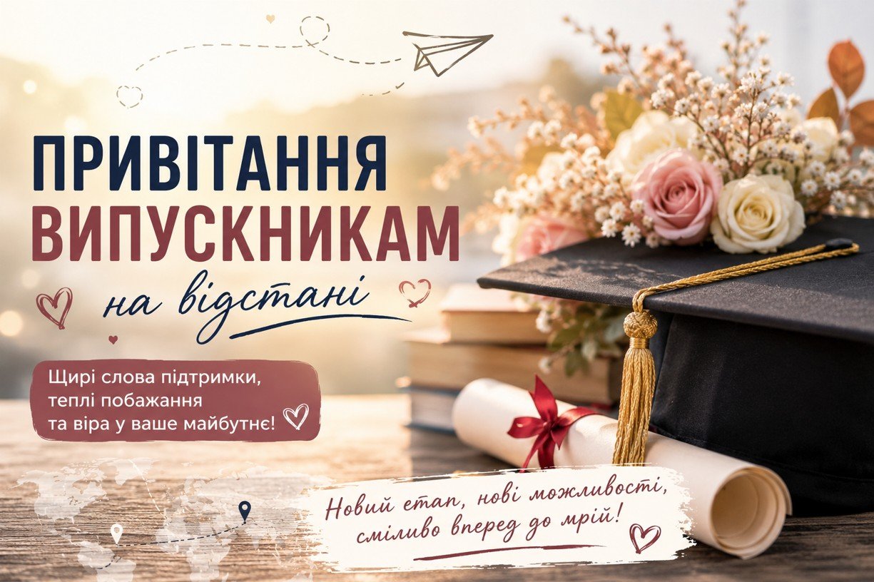 Обкладинка до статті про привітання випускникам на відстані з випускною шапкою, дипломом і квітами