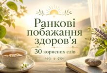 Ранкові побажання здоров'я: 30 корисних слів 7 Обкладинка до статті про ранкові побажання здоров’я з чаєм, квітами та сонячним ранком