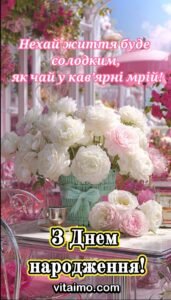 Букет півоній у стильній кав’ярні як побажання солодкого та щасливого дня народження.