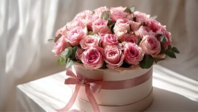 Ніжний букет рожевих троянд у кремовій коробці з атласною стрічкою на світлому фоні — елегантне фото для статті «Жінці вишукані листівки з днем народження».