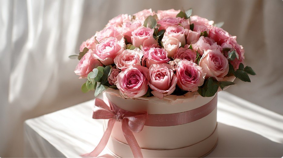 Ніжний букет рожевих троянд у кремовій коробці з атласною стрічкою на світлому фоні — елегантне фото для статті «Жінці вишукані листівки з днем народження».