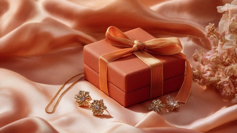 Подарункова коробочка та прикраси на шовковій тканині — елегантний символ святкового привітання племінниці від тітки.