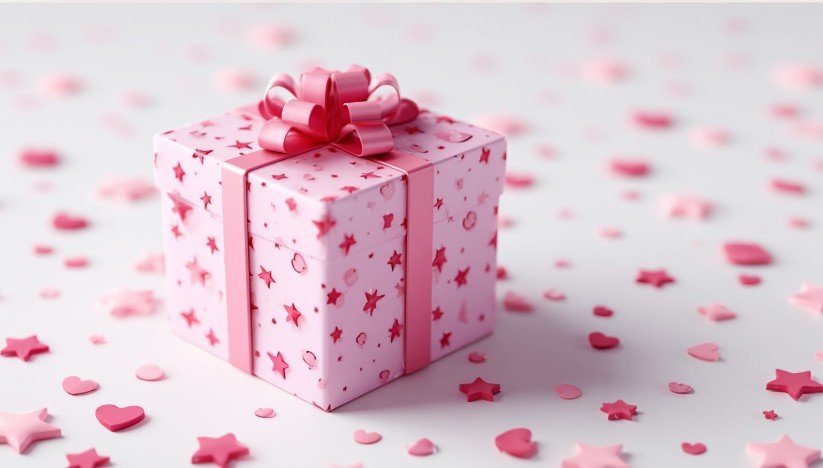 Рожева подарункова коробка серед декоративних сердечок і зірочок — символ святкового привітання племінниці від тітки.