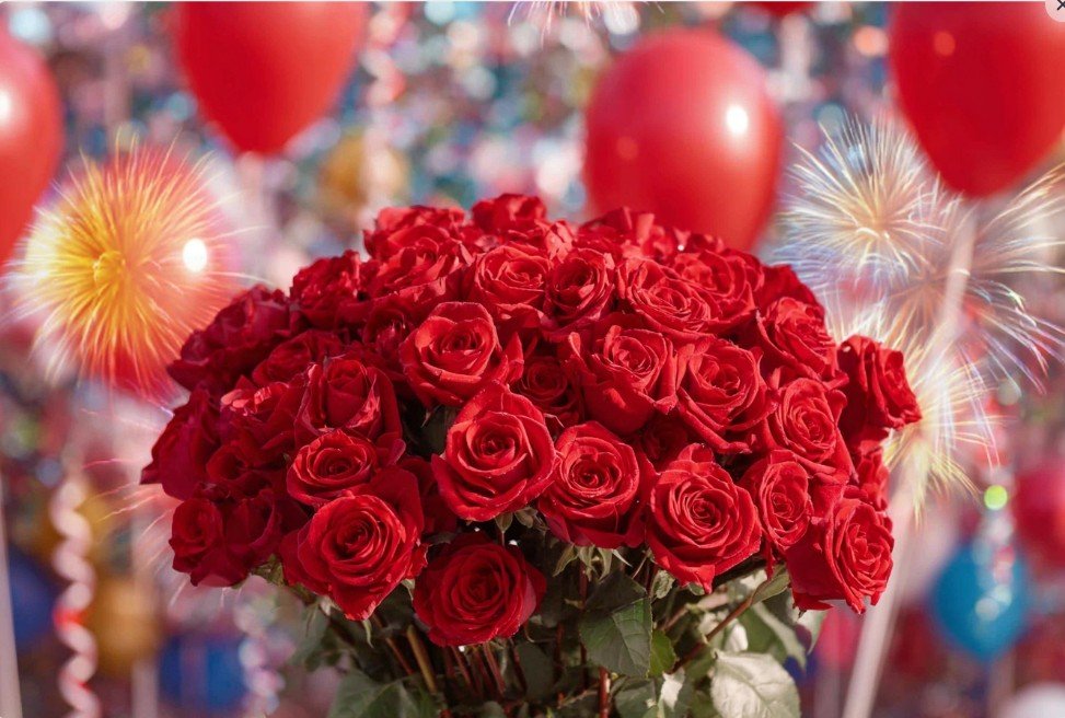 Букет червоних троянд та феєрверки — картинка для привітання подрузі з днем народження