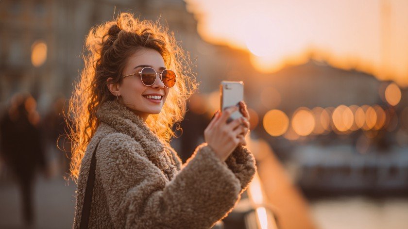 Жінка фотографує місто під час заходу сонця