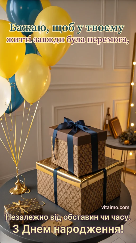 Листівка з жовтими кулями та подарунками – побажання сили й віри в перемогу.