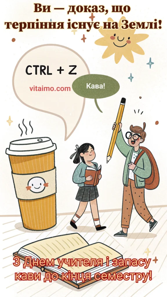 Листівка до Дня вчителя з кавою, усмішкою і побажанням терпіння.