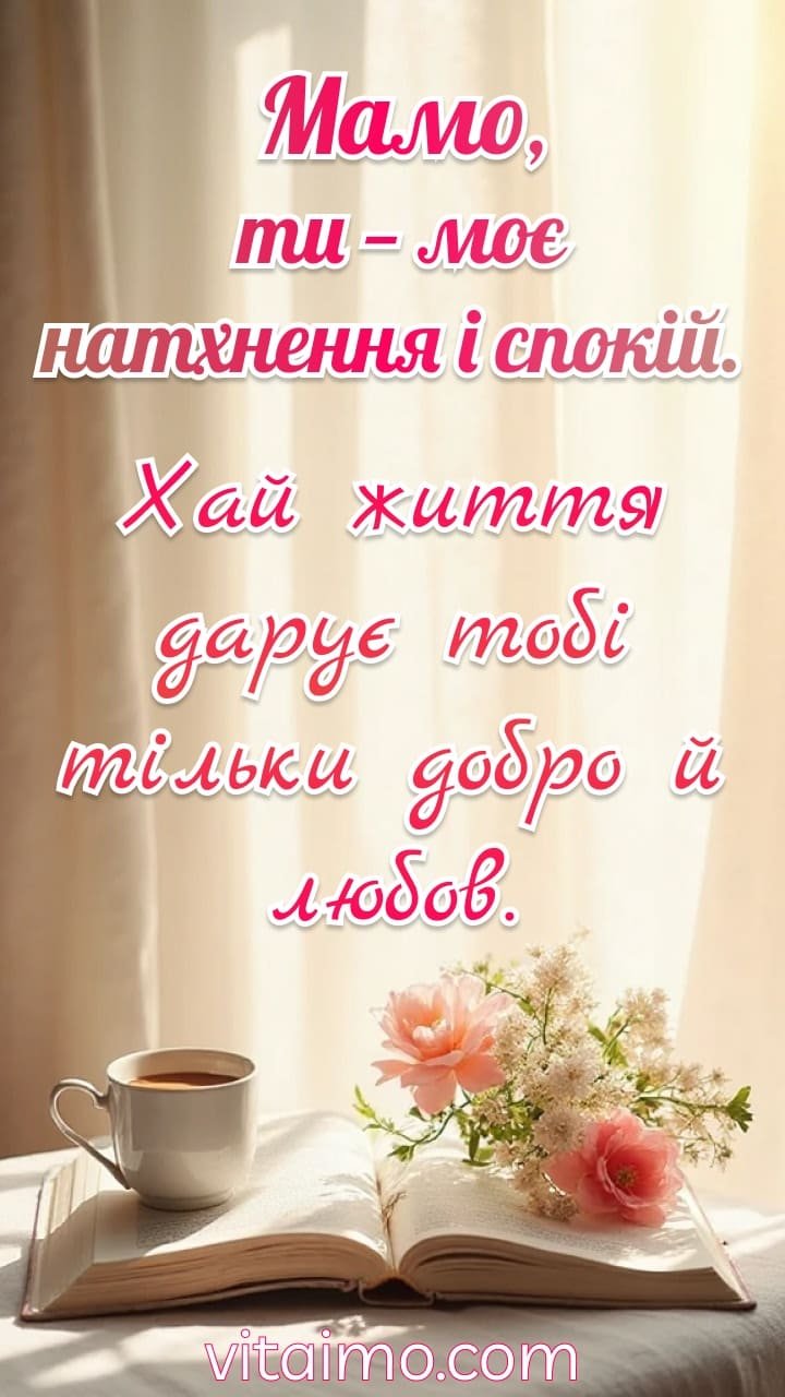 Листівка для мами з книгою, чашкою кави та квітами — ніжне привітання українською.