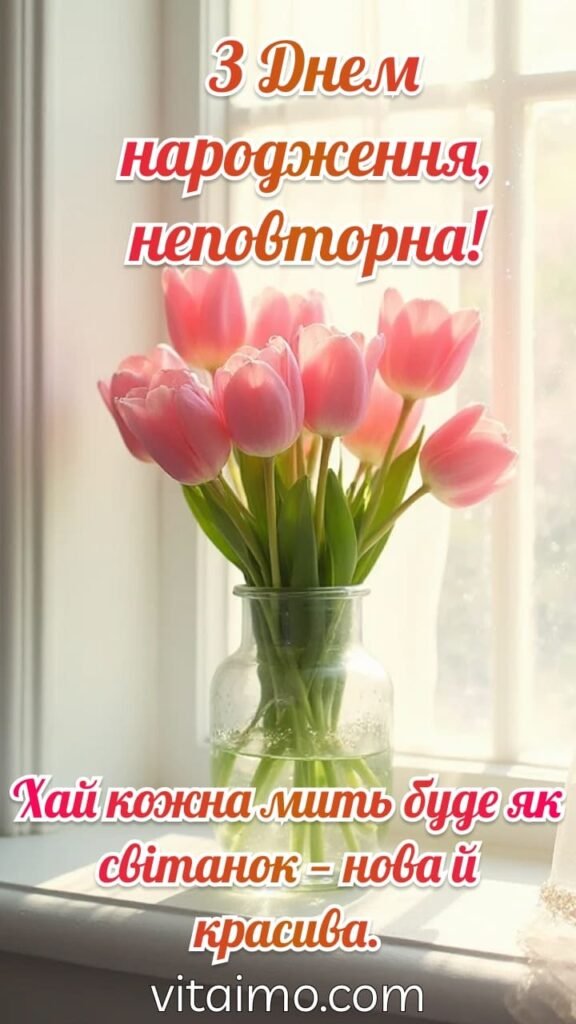 Листівка для мами з букетом тюльпанів і побажанням, щоб її світло ніколи не згасло.