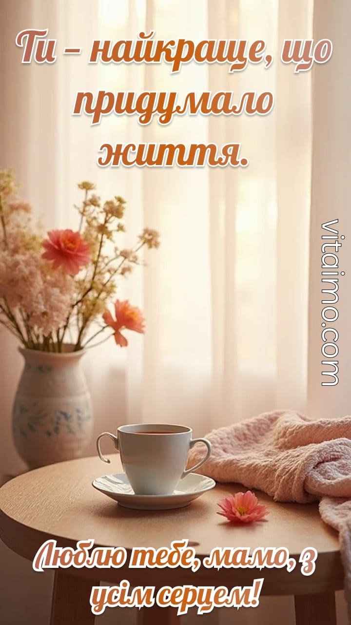 Листівка для мами з чаєм і квітами на столі та теплими словами любові.