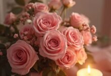 Листівка до Дня народження мами з рожевими трояндами й теплими словами подяки.