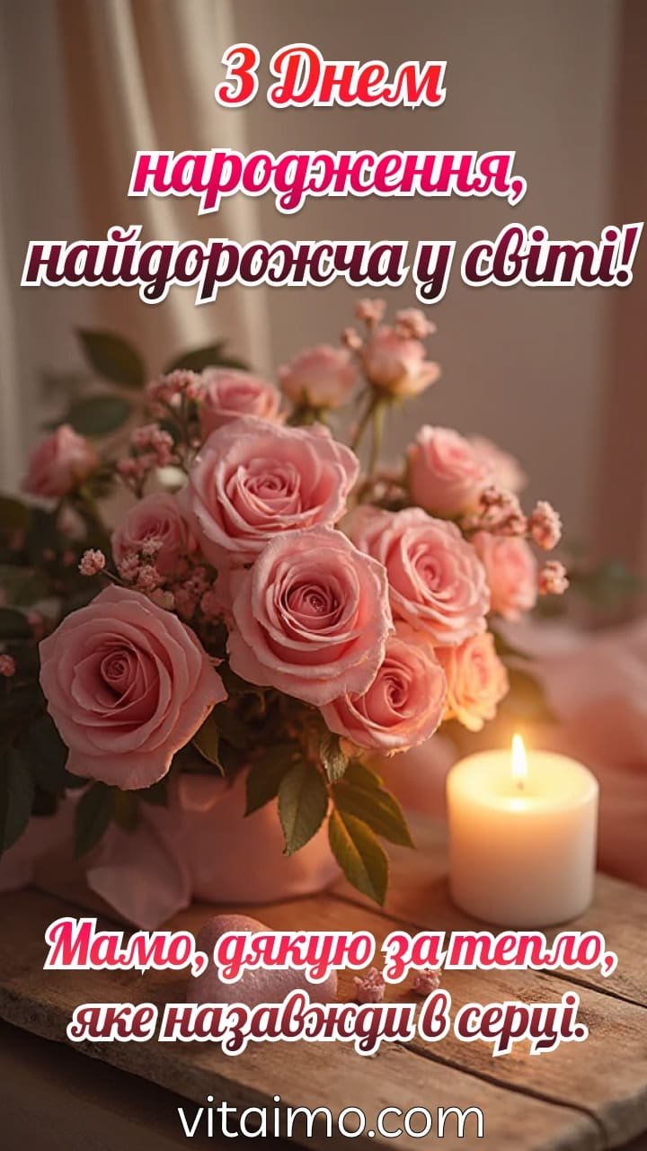 Листівка до Дня народження мами з рожевими трояндами й теплими словами подяки.