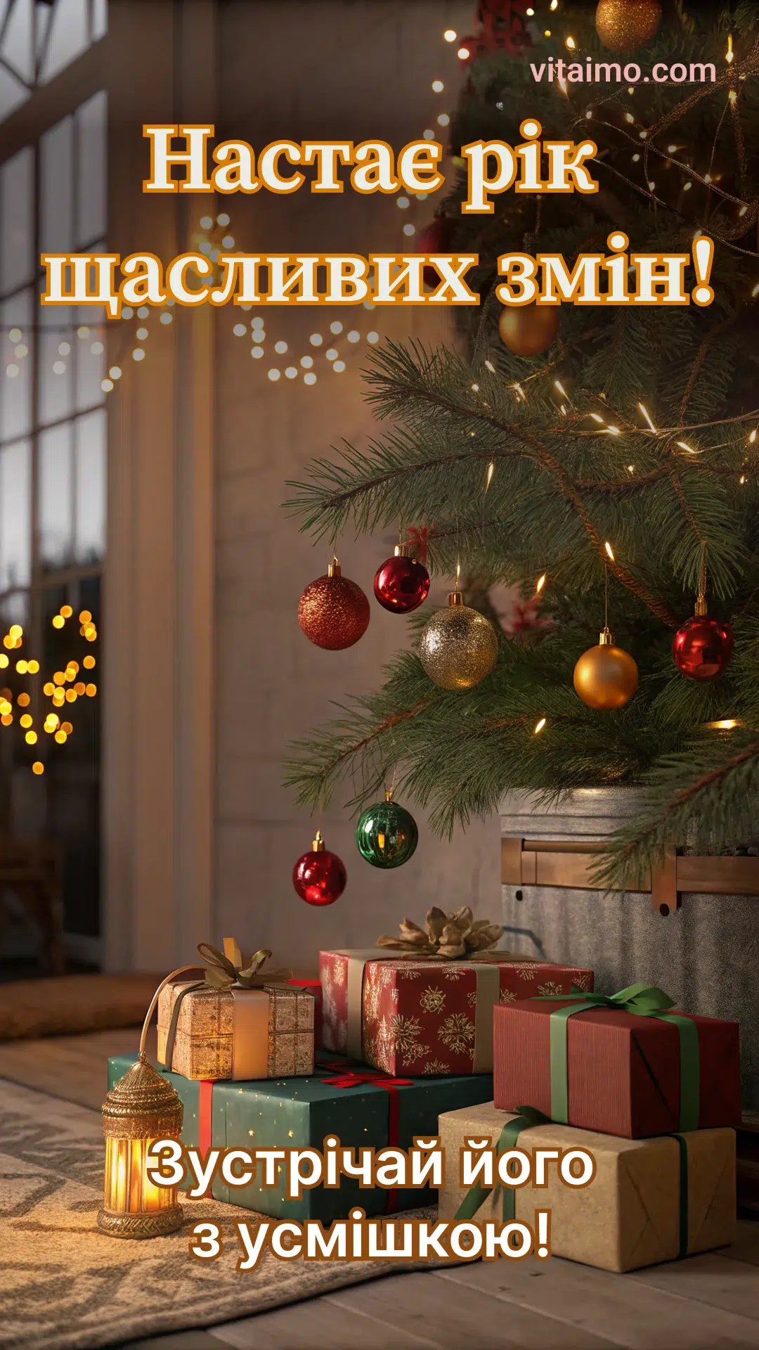 Листівка з написом «Настає рік щасливих змін! Зустрічай його з усмішкою!»