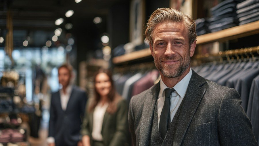 Сотрудник бутика демонстрирует мужскую коллекцию в стиле BSL одежда