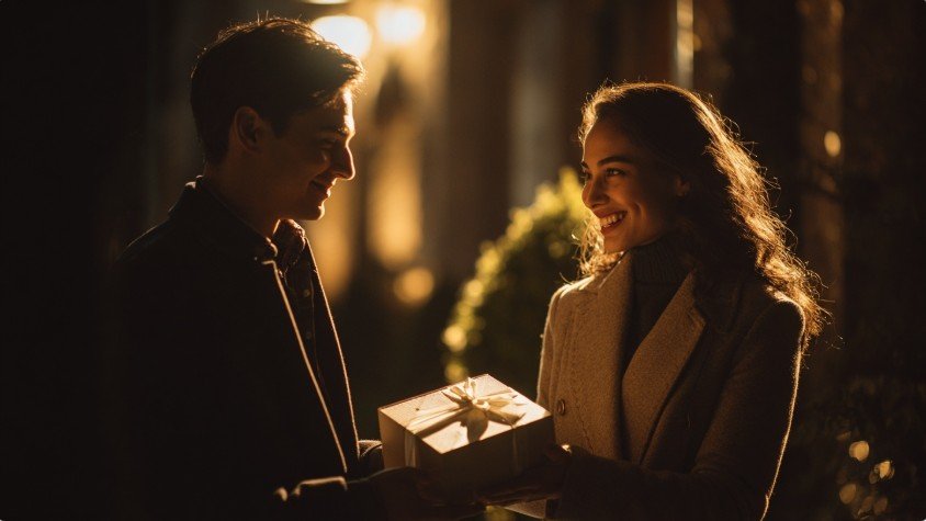 Жінка з усмішкою отримує подарунок