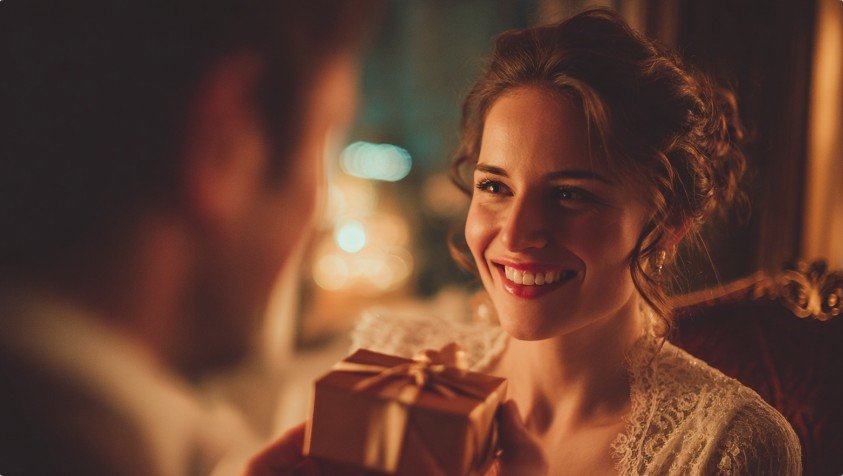 Чоловік дарує подарунок жінці