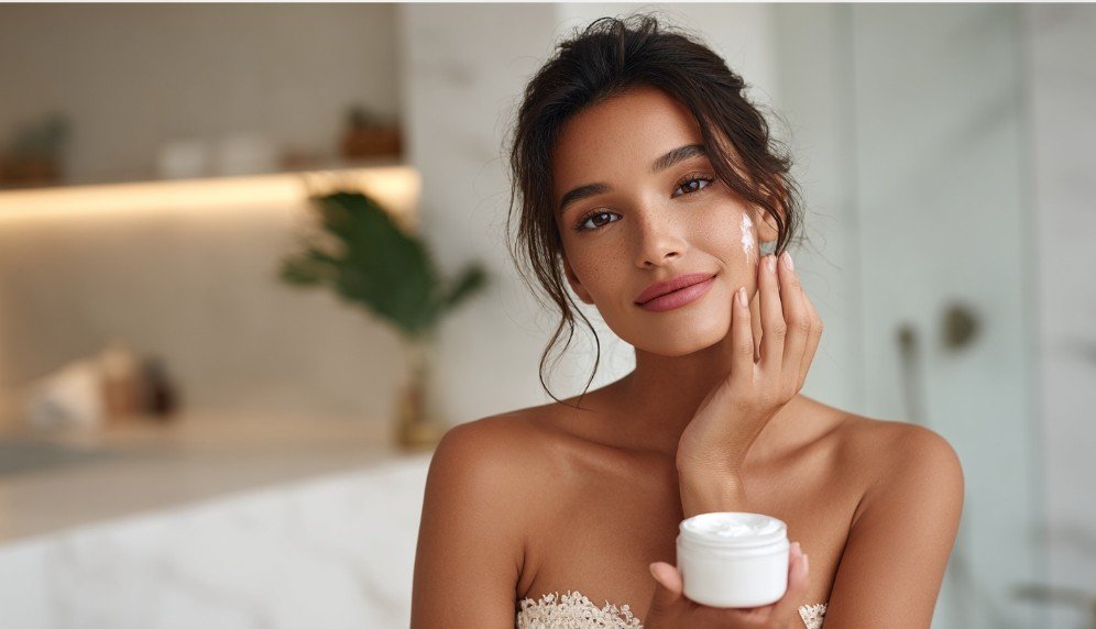 Женщина в халате наносит крем вечером